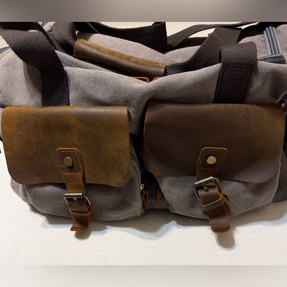 Aocome Gray Canvas Duffel Bag Leather Trim Travel Weekender/Shoe Compartment - Picture 5 of 13
